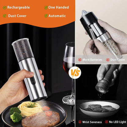 Enutogo Salt and Pepper Grinder Set, Electric Salt Pepper Shakers with Adjustable Coarseness, Automatic Salt Mill Grinder, Rechargeable Salt Grinder Refillable, One-Hand Operation with LED Light (2)