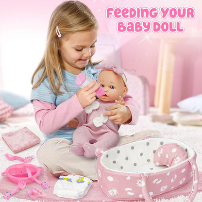 Golray 12" Soft Baby Doll Set with Accessories Bassinet Carrier, 13 Pcs First Toddlers Realistic Baby Doll Crib with Pillow/ Clothes/ Feeding Kit, Pretend Play Toy Birthday Gift for Girls Ages 3 4 5 6
