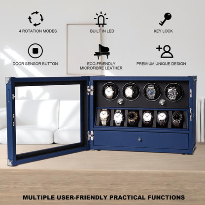 DUKWIN Watch Winder for Automatic Watches, Lockable Winders with Watch & Jewelry Storage, Super Quiet Motor with High-Gloss Finish, Built-in Illumination, Blue
