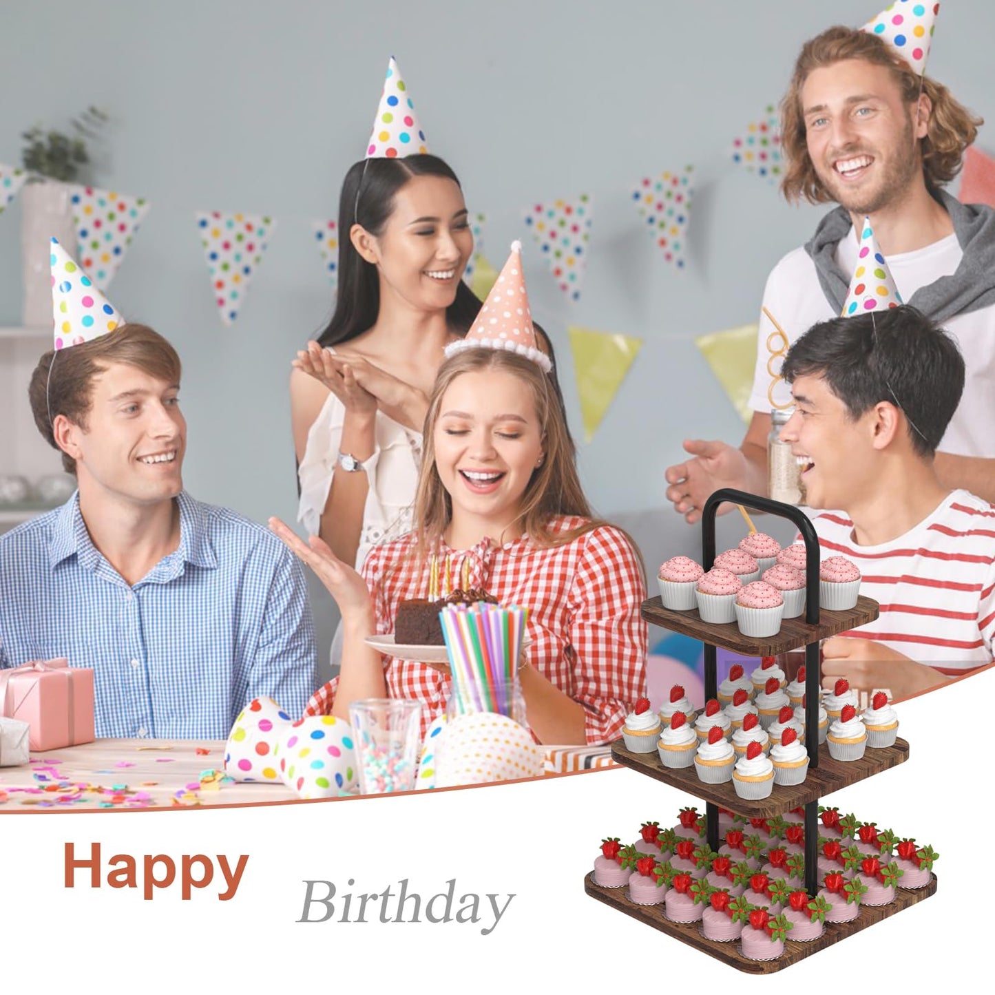 VyGrow Cupcake Stand, 3-Tier Dessert Stand for 32 Cupcakes, Wood & Metal Tower Display Premium Holder Dessert Tree Tower for Christmas Birthday Weddings Party Decor, Serving Tray, Wood Brown