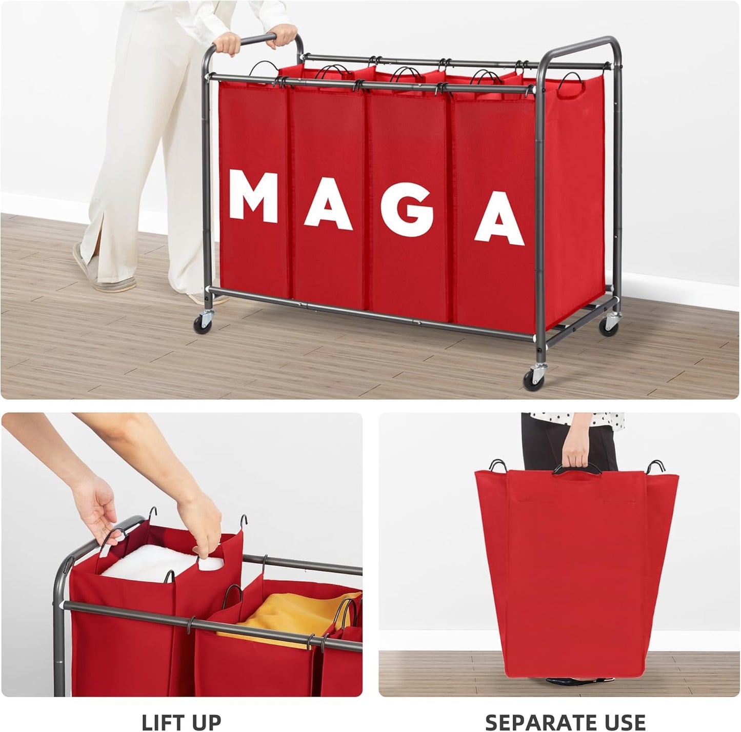 STORAGEIDEAS 47.8 (181L), 4 Laundry Sorter Hamper with Wheels, Laundry Basket Sorter Gal Heavy-Duty Rolling Cart