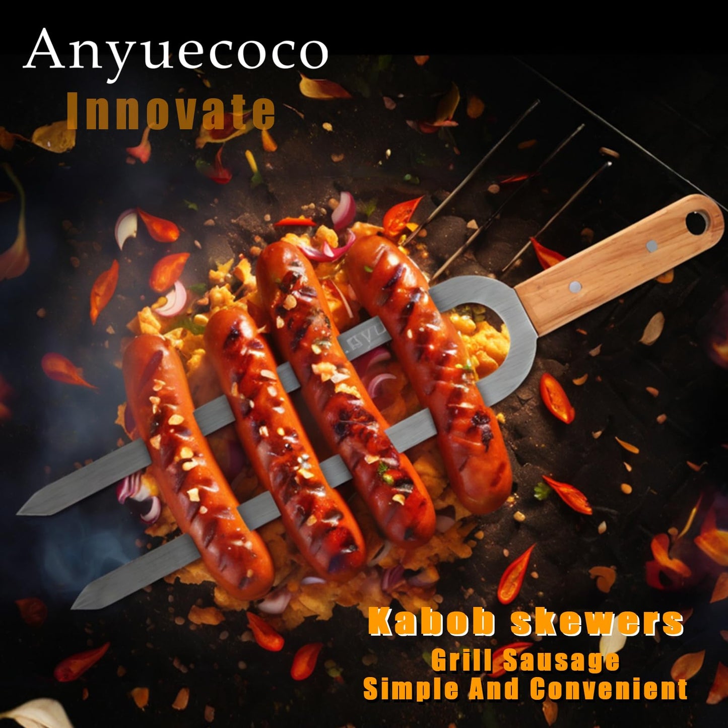 Anyuecoco Skewers for Grilling,2 PCS - 17 Inch Double Pronged Kabob Skewers With Wooden Handles,Heavy Duty Stainless Steel Skewer, Flat Skewer,For Grilling Meat, Vegetables, and Outdoor Cooking