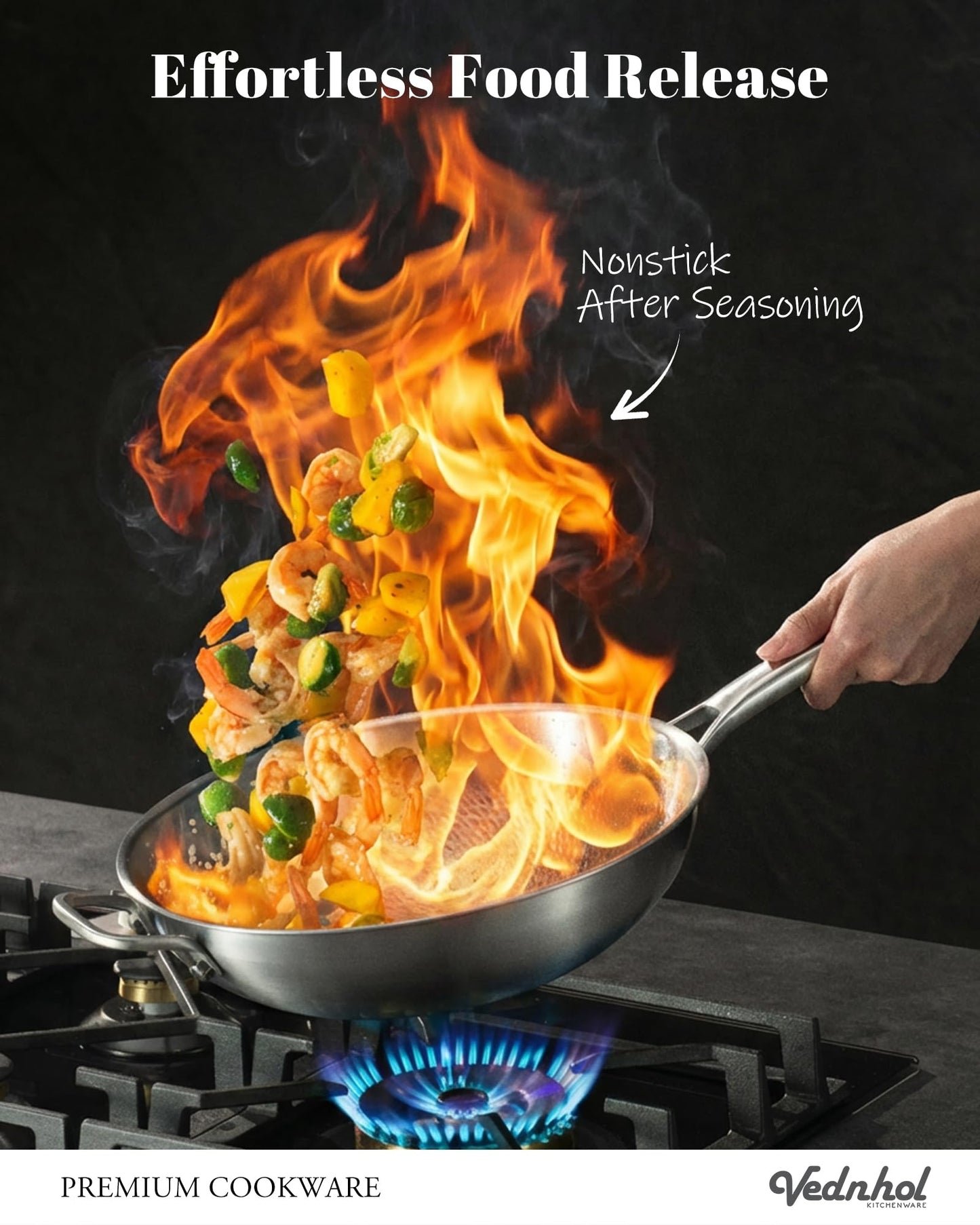 VEDNHOL Titanium Wok Pan,13in Pure Titanium Hammered Pro pans, Non Stick Skillet for Cooking, Non-Toxic, PFAS/PFOA/PTFE Free Cookware, Dishwasher&Oven Safe, Kitchen Induction Compatible