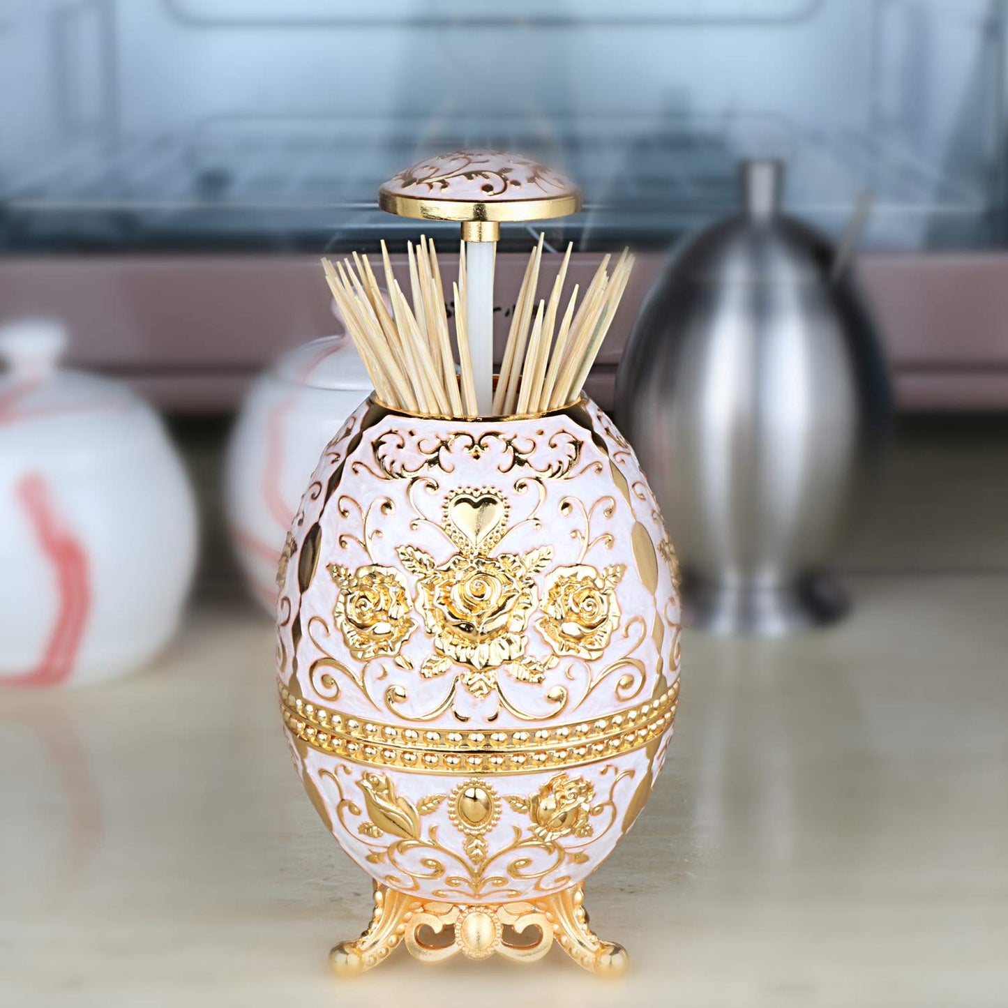 K COOL Gorgeous Automatic Toothpick Holder with Bottle Opener, Hand Press Retractable Retro Toothpick Dispenser Toothpicks Case Can Box Container for Kitchen Home Restaurant (Jade White-Gold Rose)
