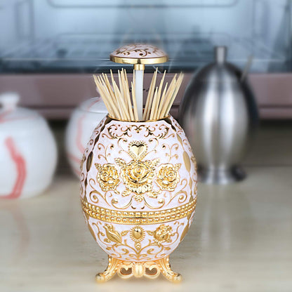 K COOL Gorgeous Automatic Toothpick Holder with Bottle Opener, Hand Press Retractable Retro Toothpick Dispenser Toothpicks Case Can Box Container for Kitchen Home Restaurant (Jade White-Gold Rose)