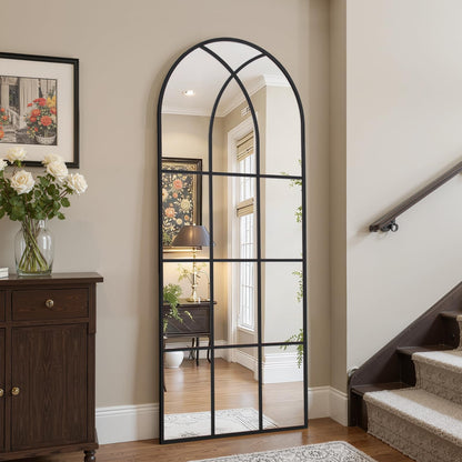 Arched Window pane Full Length Mirror 24"x65", Full Body Standing Mirror, Window Shaped Farmhouse Style with Aluminum Frame, Decor Wall Mirrors for Living Room, Courtyard, Bedroom, Entryway, Black