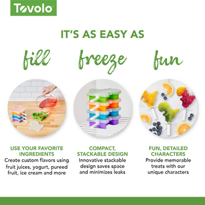 Tovolo Dinosaur Popsicle Molds for Kids Pack of 4 Dino Ice Pop Molds with Sticks, Stackable Popsicle Molds or Toddlers, BPA Free Silicone Fun Frozen Ice Popsicle Molds with Drip Guards