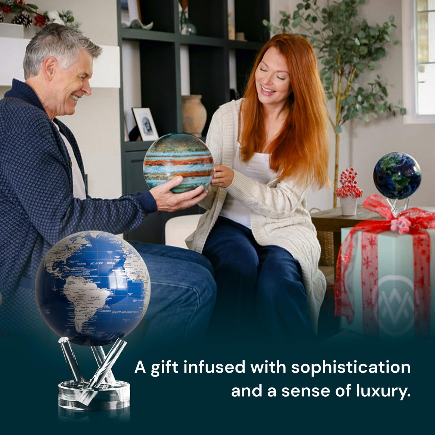 MOVA Globe - Royal Blue and Silver Classic (4.5") | Solar-Powered Spinning Decor for Desk | Self-Rotating Modern Earth Globe | No Batteries Required