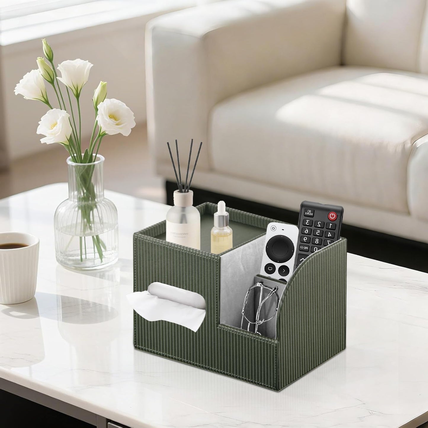 Fanousy Modern PU Leather Cube Tissue Box Cover with Storage Tray, Multifunctional Remote Control Holder & Facial Tissue Dispenser Organizer for Nightstand, Bathroom, Bedroom, Office & Home Decor