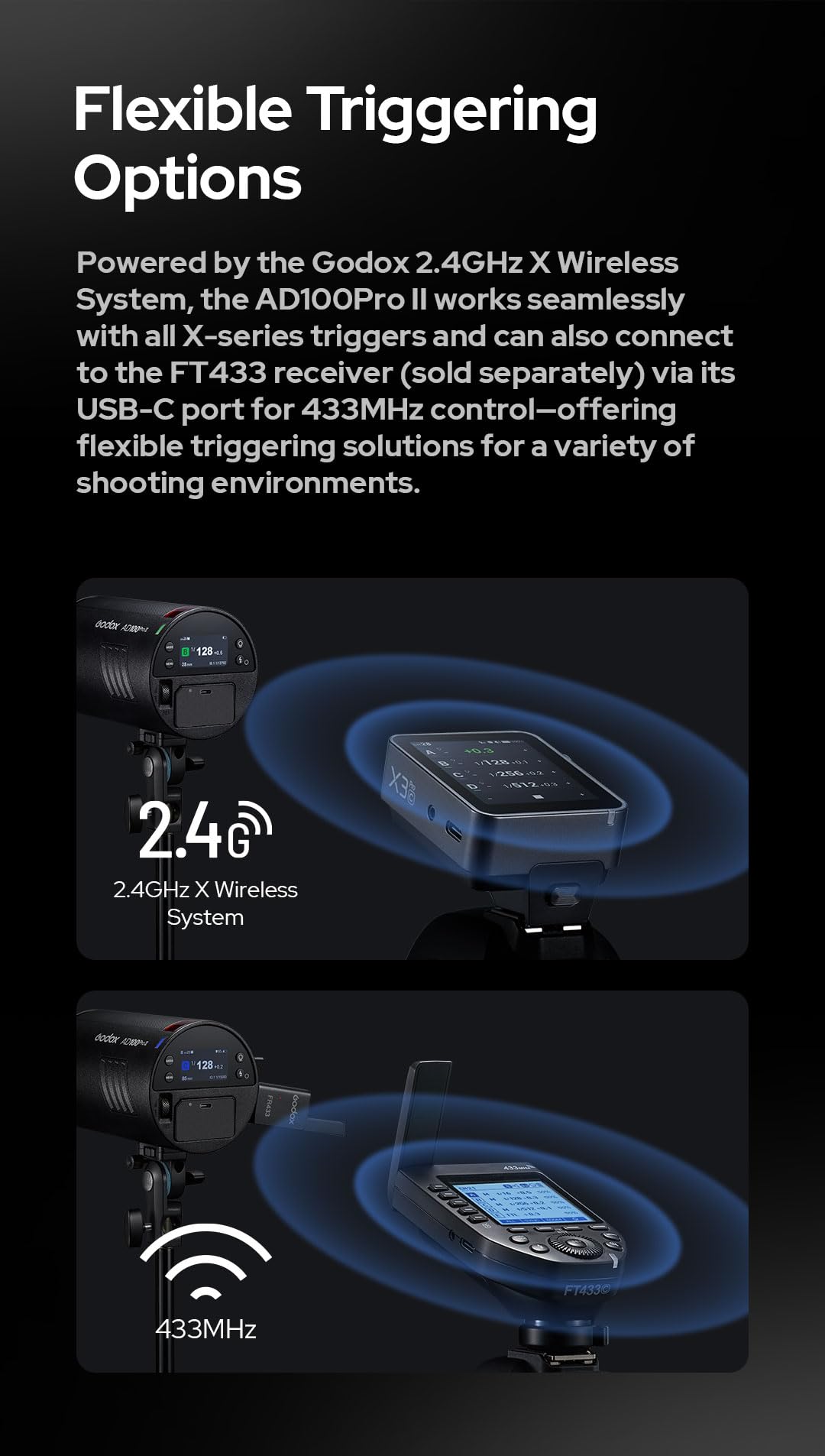 Godox AD100 Pro II AD100Pro II AD100ProII Flash Strobe with AK-R1 Kit, 2.4GHz X System+433Mhz Module/2W LED/10 Brightness Levels/490 Full-Power Pops/0.01–1.5s Recycle Time/USB-C Charging/1-256-1/1