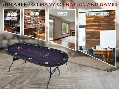 REAHOISY 10 Player Poker Table Foldable, Folding Texas Holdem Casino Table with Padded Rails & Cup Holders, Portable Poker Game Table for Home or Game Room, 84 Inch
