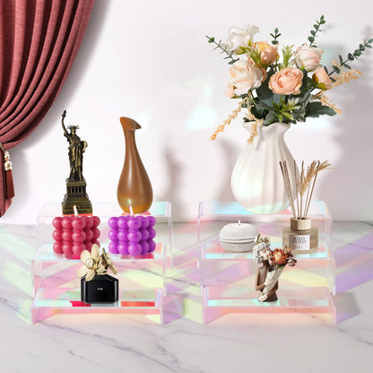 6pcs Iridescent Acrylic Display Risers, Rainbow Display Stand Set for Collectible Figures Jewelry Perfume Organizer, 3 Sizes Rectangular Stands for Candy Dessert Cupcake, Vendor Booth Retail Showcase