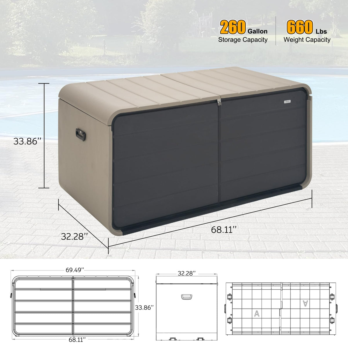 Domi 260 Gallon Resin Deck Box, Waterproof & UV-Resistant Outdoor Large Storage Box Lockable Storage Bin for Patio Cushions Pool Supplies Garden Tools and Delivery Storage