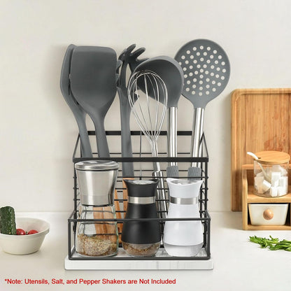 Metal Utensil Holder for Kitchen Counter - Large Organizer with Salt and Pepper Shakers, Marble Base