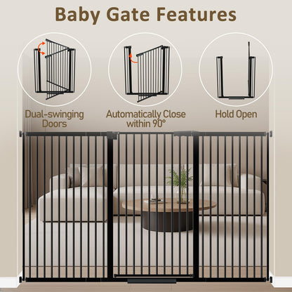 WAOWAO 40.55" Extra Tall 1.37" Ultra Narrow Spacing 69.49-77.36" Extra Wide Dogs Pets Baby Gate Safety Indoor Puppy Pressure Mounted Gate No Drill Black Metal for Stairs,Doorways,Kitchen,Hallway
