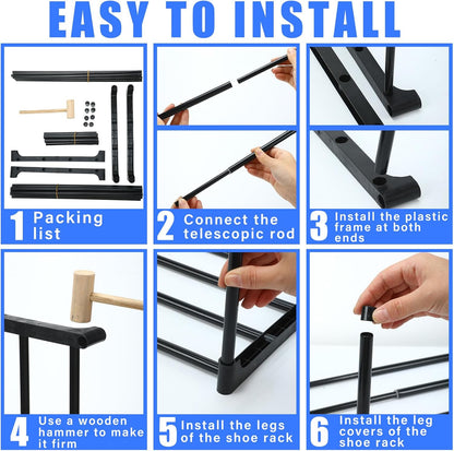 2 17 ''-30 1 Closet Teenyyou Pcs Expandable Shoe Rack '' Adjustable Shoe Shelf Metal Tier Rack Black Stackable