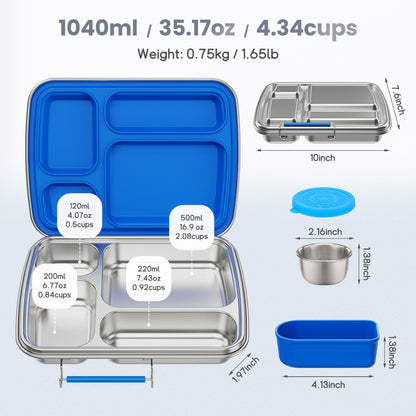 Eoika Stainless Steel Bento Box for Kids, Kids Lunch Box with 4-Compartment, Metal Lunch Box with Silicone Container & Sauce Cup, Durable Lunch Box Containers for School and Office (Blue)