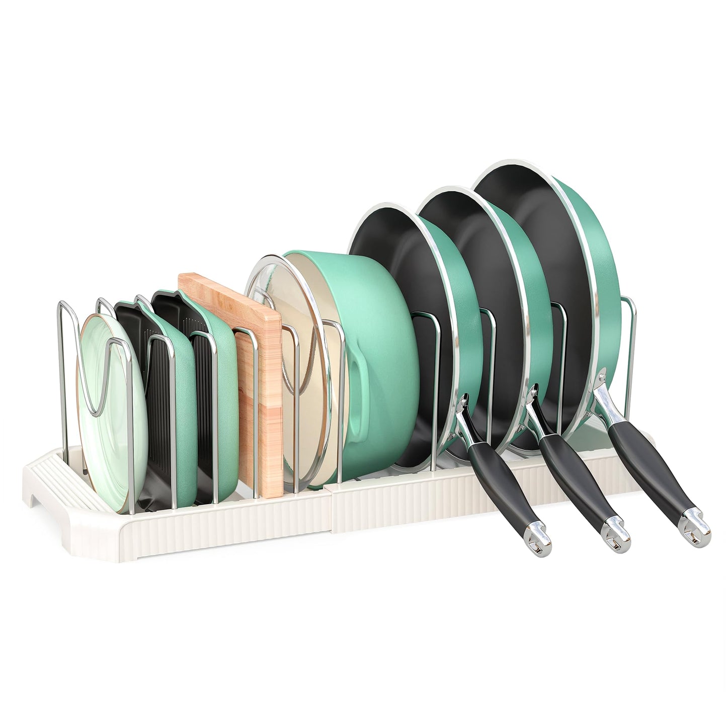 Pots and Pans Organizer for under Cabinet, Pan Pot Organizers inside Cabinet, Expandable Organizer with 10 Adjustable Dividers for Cookie Sheets, Cutting Boards, Pot Lids, Cookware - Frying Pan Rack
