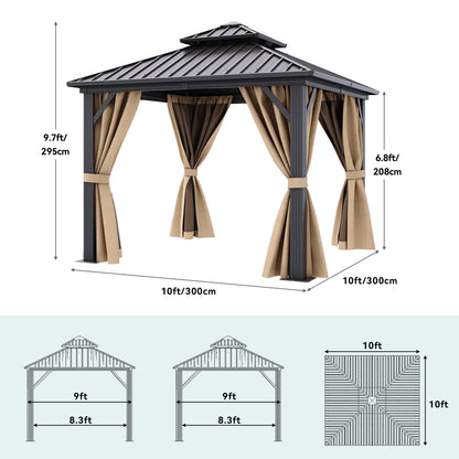 YITAHOME 10x10ft Gazebo Double Roof Hardtop with Nettings and Curtains, Heavy Duty Galvanized Steel Outdoor Vertical Stripes Roof for Patio, Backyard, Deck, Lawns, Brown