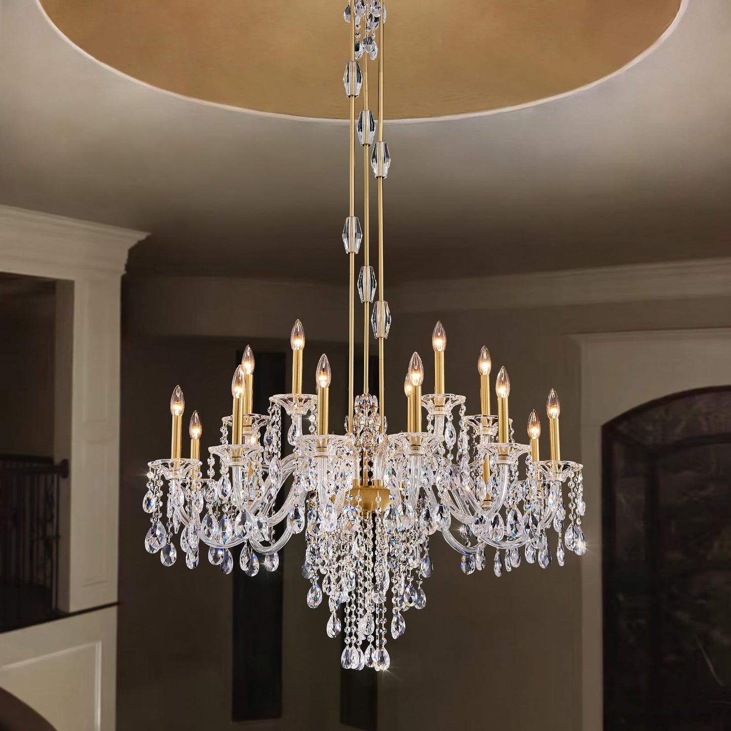 Duluyiee 18-Light Crystal Candle Chandelier, Brass Gold Chandelier for Foyer, Staircase & High Ceiling Living Room, Adjustable Height, E12 Base