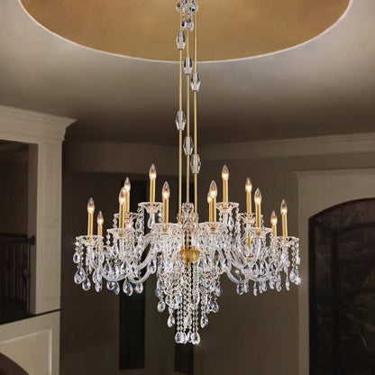Duluyiee 18-Light Crystal Candle Chandelier, Brass Gold Chandelier for Foyer, Staircase & High Ceiling Living Room, Adjustable Height, E12 Base