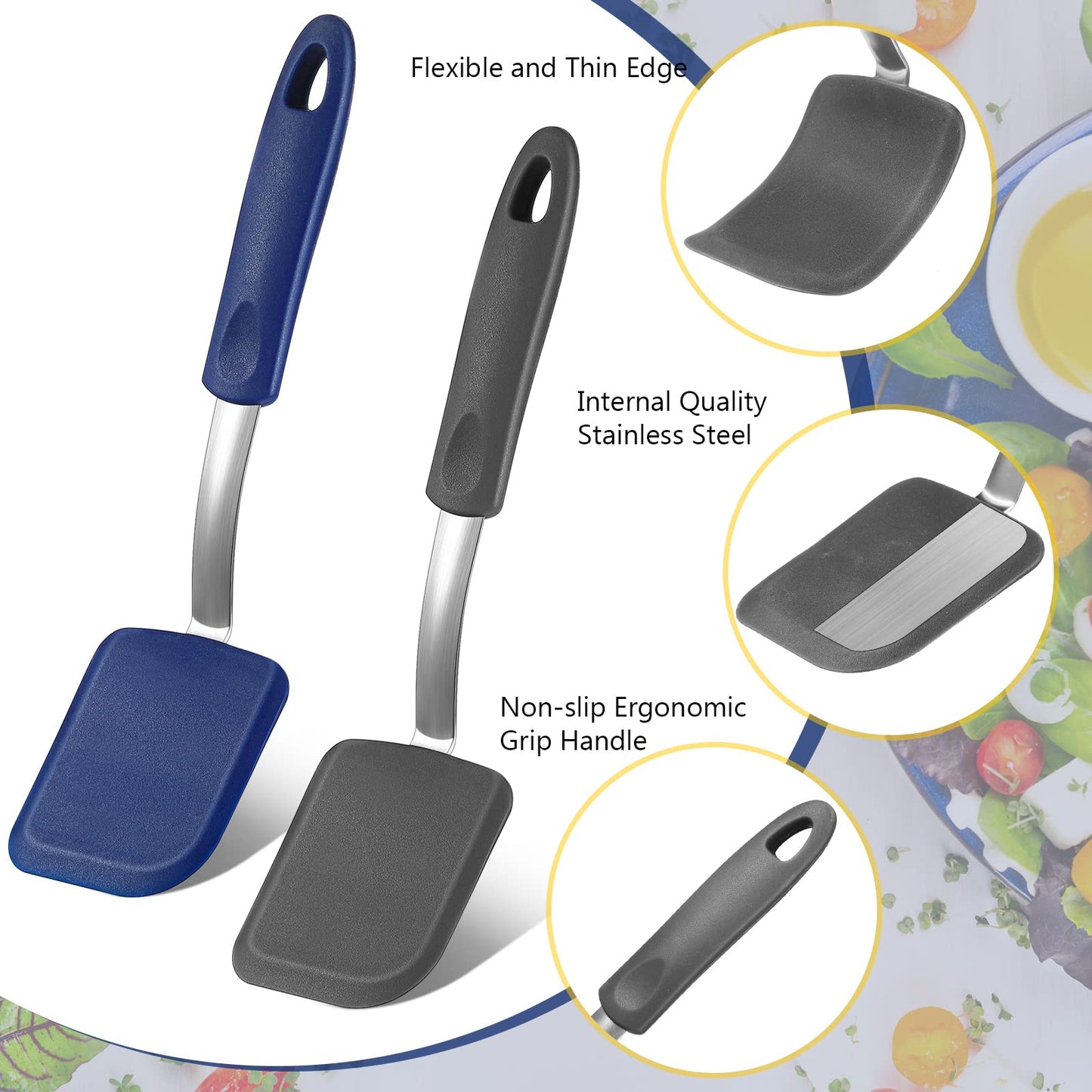 Yetene Silicone Cookie Spatula Turner 2 Pack Mini Brownie Spatula Flexible Kitchen Small Silicone Turner for Nonstick Cookware Heat Resistant No Scratch Flipper for Egg Pancake(Gray, Blue)