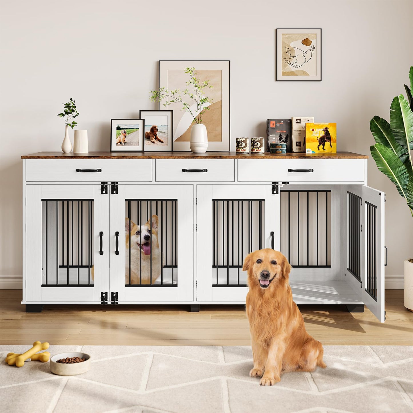 Garvee 71 in Large Dog Crate Furniture for 2 Dogs with 3 Drawers, Heavy Duty Double Indoor Dog Kennel and TV Stand for Medium Large Dogs, Brown & White