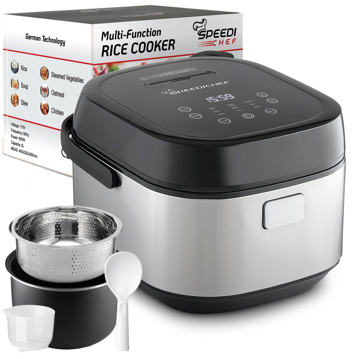 SPEEDICHEF 10-Cup Rice Cooker with Steamer Basket | Smart Rice Maker with Easy-to-Clean Nonstick Inner Pot | Delay Timer & Keep Warm Settings | Non-Toxic & BPA-Free | Ideal for Family Meals, Stainless Steel