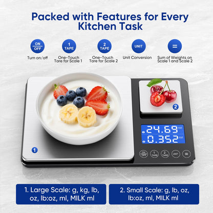 Dual Platform Food Kitchen Scale with 0.01g/0.001oz High Precision, 15kg/33lb Bakery Scale, Dual Accuracy Kitchen Scale for Sourdough Bread, Baking and Cooking with 7 Unit Tare and Totalizer