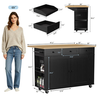 Garvee Rolling Kitchen Island Cart with Power Outlet & Drop Leaf, Kitchen Storage Cabinet On Wheels with 3 Drawers, Spice Rack & Towel Rack, Mobile Island Table for Kitchen