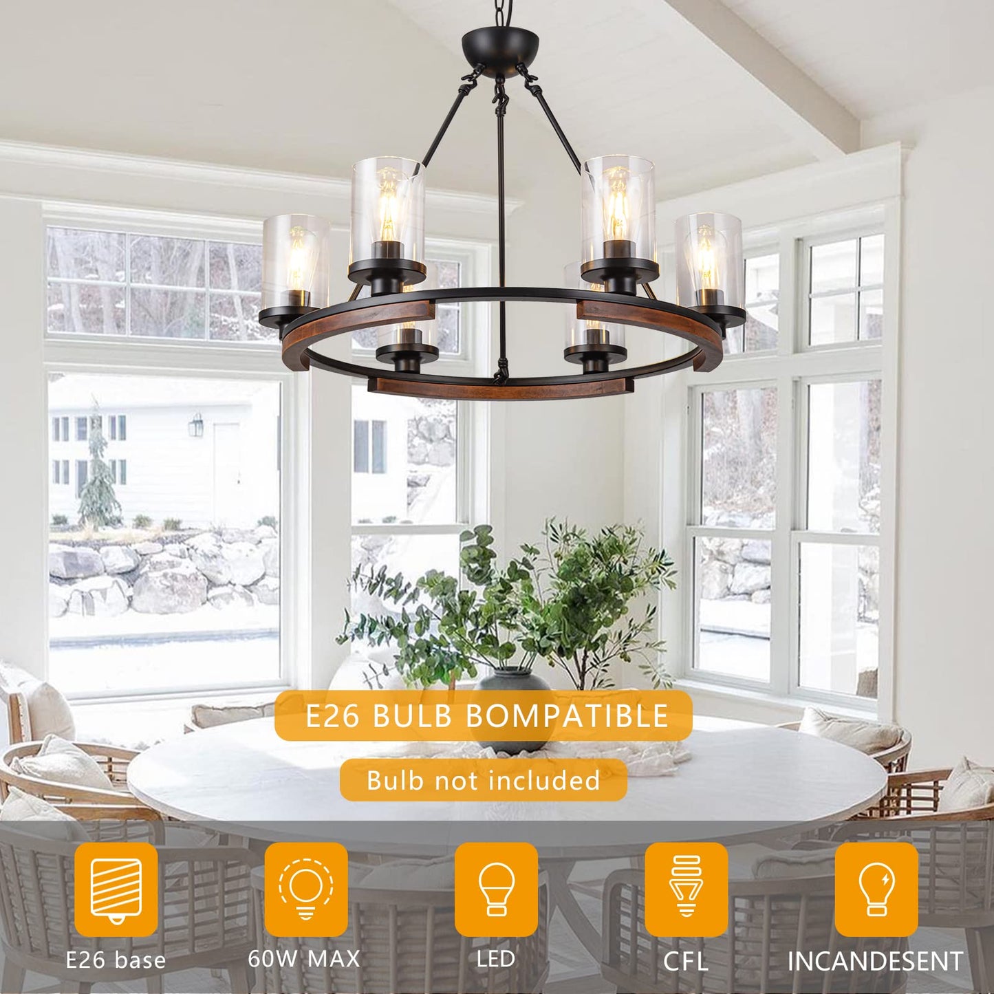 NSRCE 28-Inch Wagon Wheel Chandelier, 6-Light Farmhouse Dining Room Light Fixture Over Table, Round Matte Black Rustic Wood Ceiling Hanging Pendant Light with Clear Glass Shade