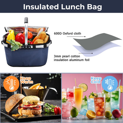 Pomodee Picnic Basket with Handle,30L Large Foldable Insulated Cooler Picnic Basket,Grocery Shopping Basket for Travel Camping Market Bag,Navy Blue