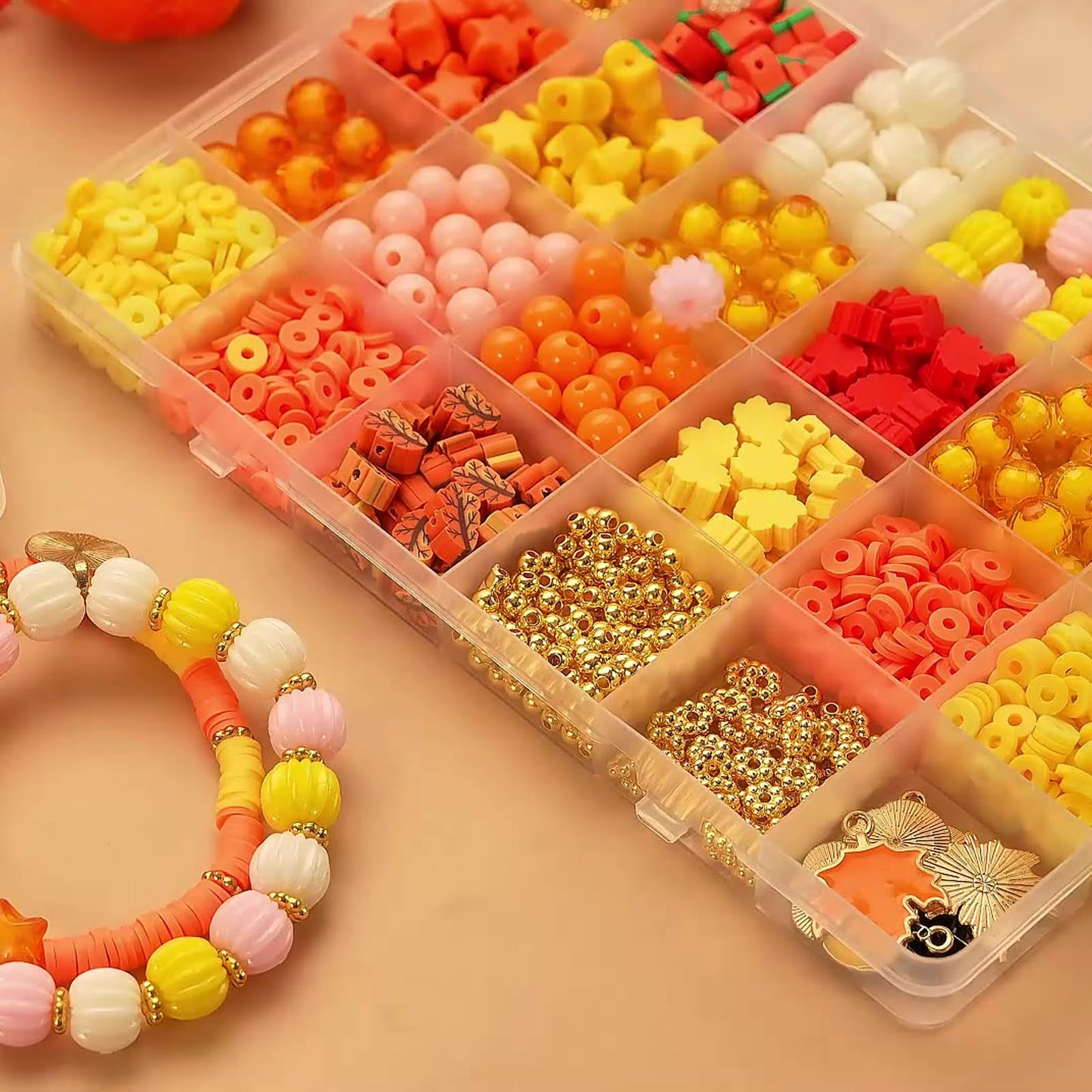 1608Pcs Fall Beads Thanksgiving Jewelry Making Kit - Autumn Polymer Clay & Acrylic Charms for DIY Crafts: Maple Leaf, Pumpkin, Pearl, Star, Round Spacer Bead Mix (Yellow)