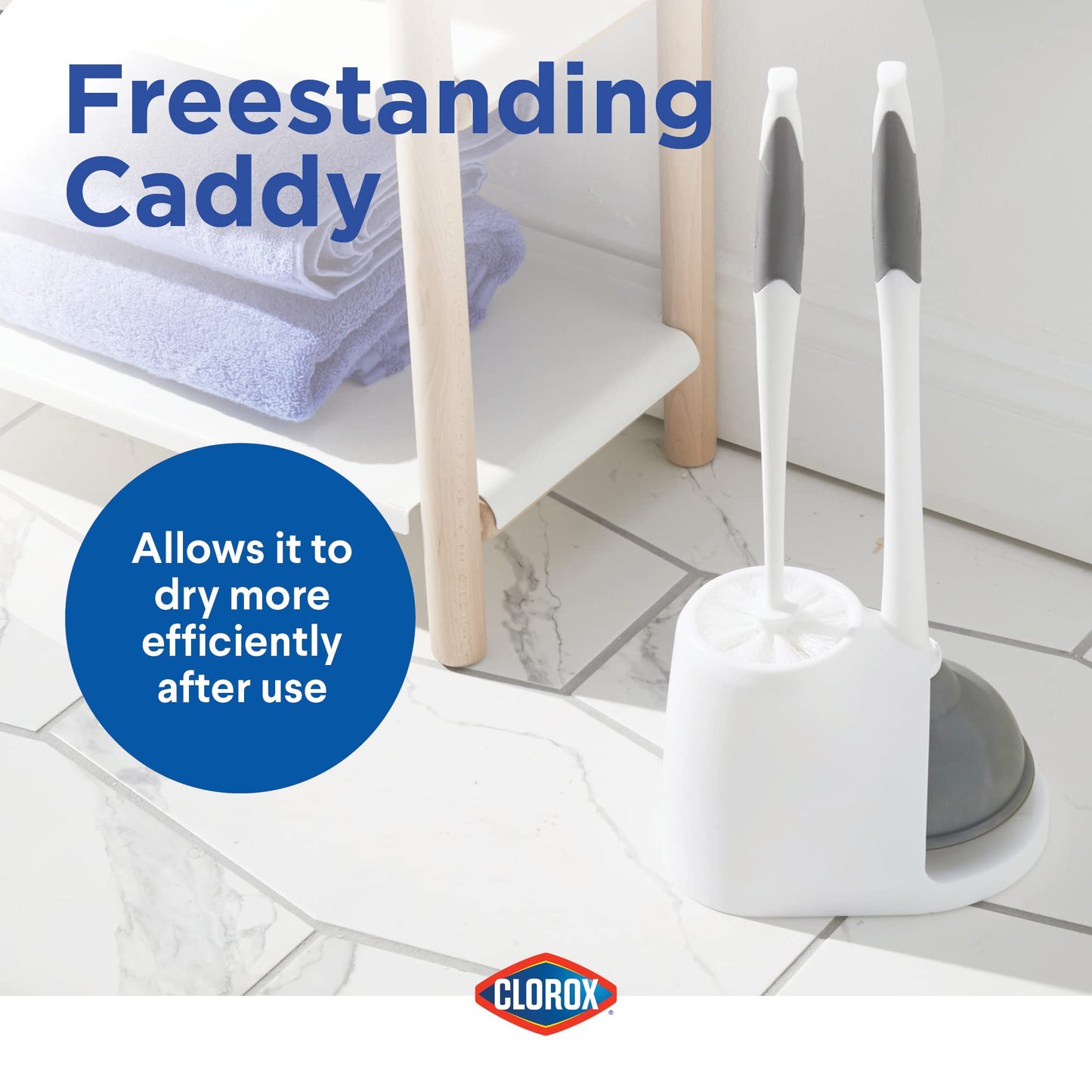 Clorox Toilet Plunger and Bowl Brush Combo with Caddy, 6.75 x 7 x 19.5 in, White/Gray