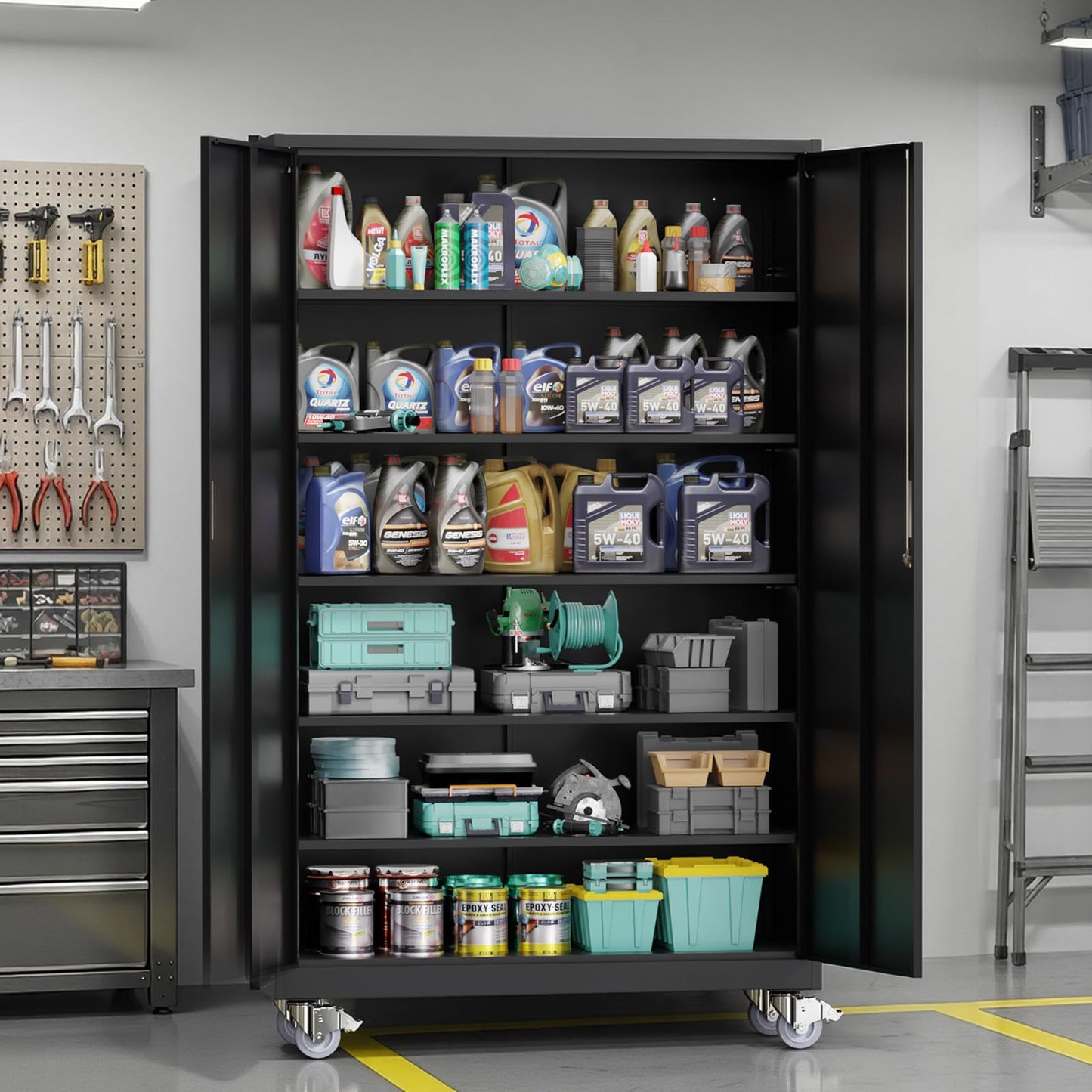 VINGLI Large Metal Storage Cabinet with 2 Doors and 5 Adjustable Shelves, Upgraded Height & Wide & Deep, 43''W x 20''D x 72''H, Oversized Garage Storage Cabinet with Wheels and Locks (Black)