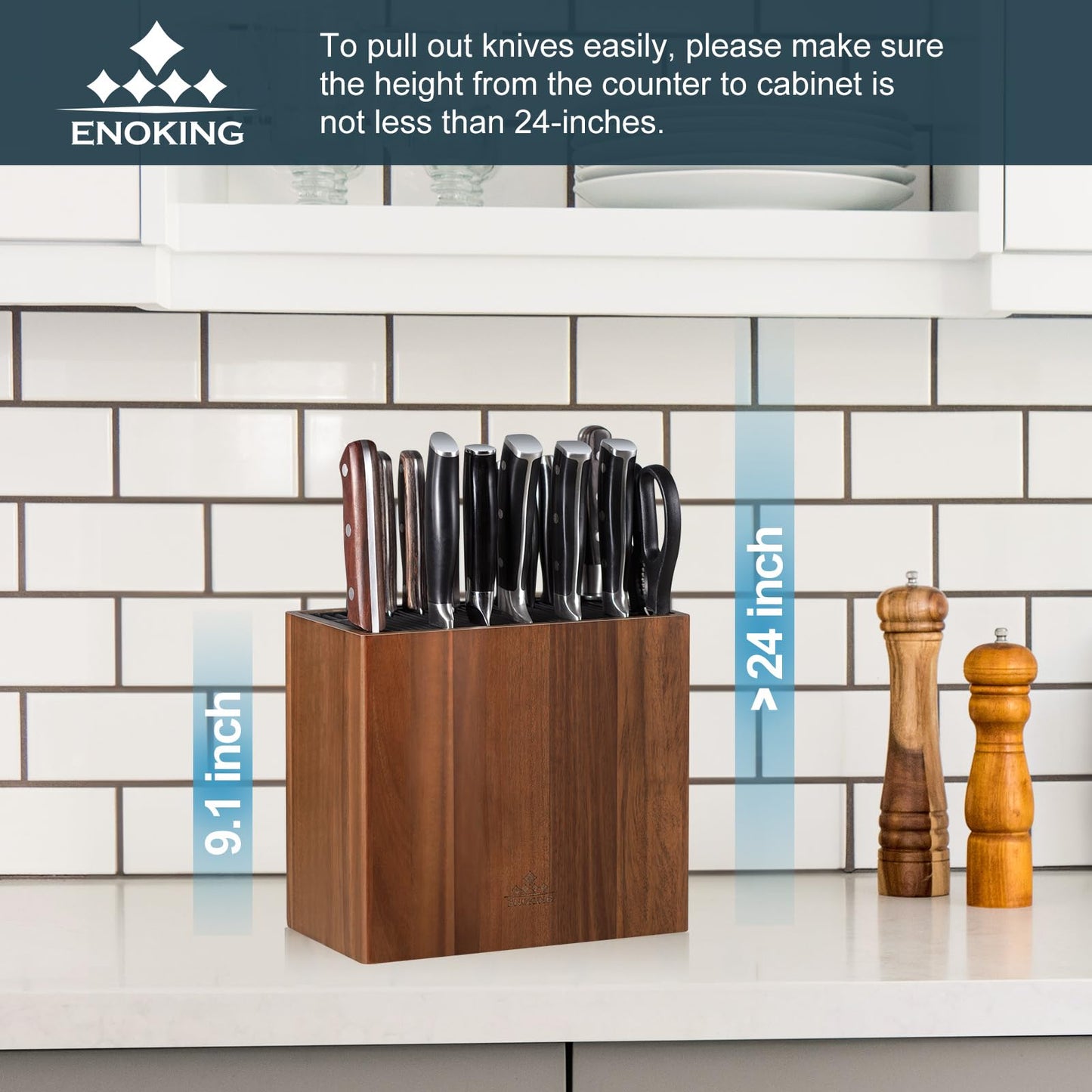 ENOKING XXL Acacia Wood Knife Holder – Large Universal Knife Block with Blade-Protecting Slots, Holds 26+ Knives, Scissors, and Sharpening Rods, Space-Saving Kitchen Storage Organizer