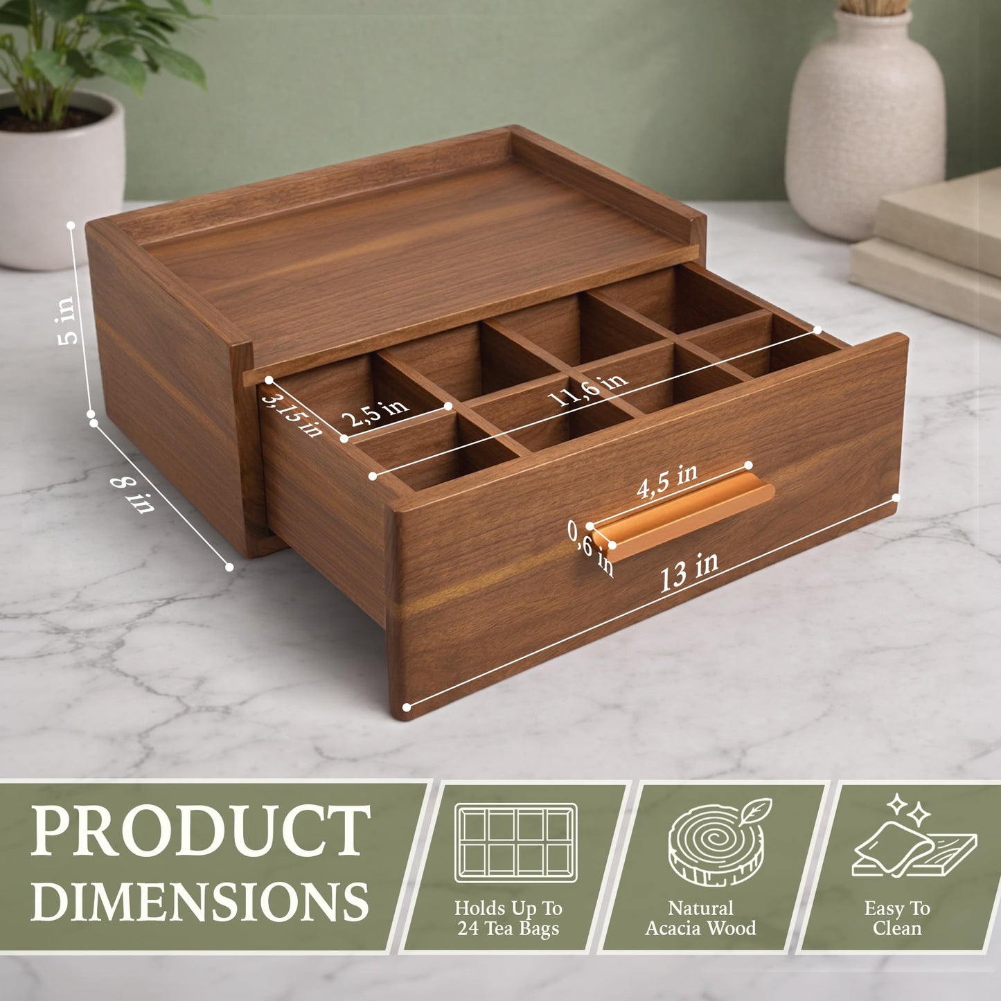 Tea Bag Organizer Drawer | Acacia Wooden Tea Box with 8 Compartments and Deep Storage Drawer | Tea Chest for Countertop Tea Station, Fits Tea Bags, Coffee Pods and Sugar Packets - 13 x 8.46 x 4.92 in