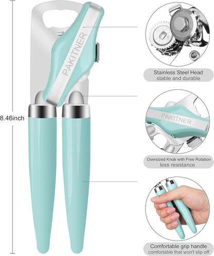 Manual Can Opener: Heavy Duty Stainless Steel Safe Cut with Magnetic Lifter, Smooth Edge, Easy Big Turn Knob, Aqua Sky