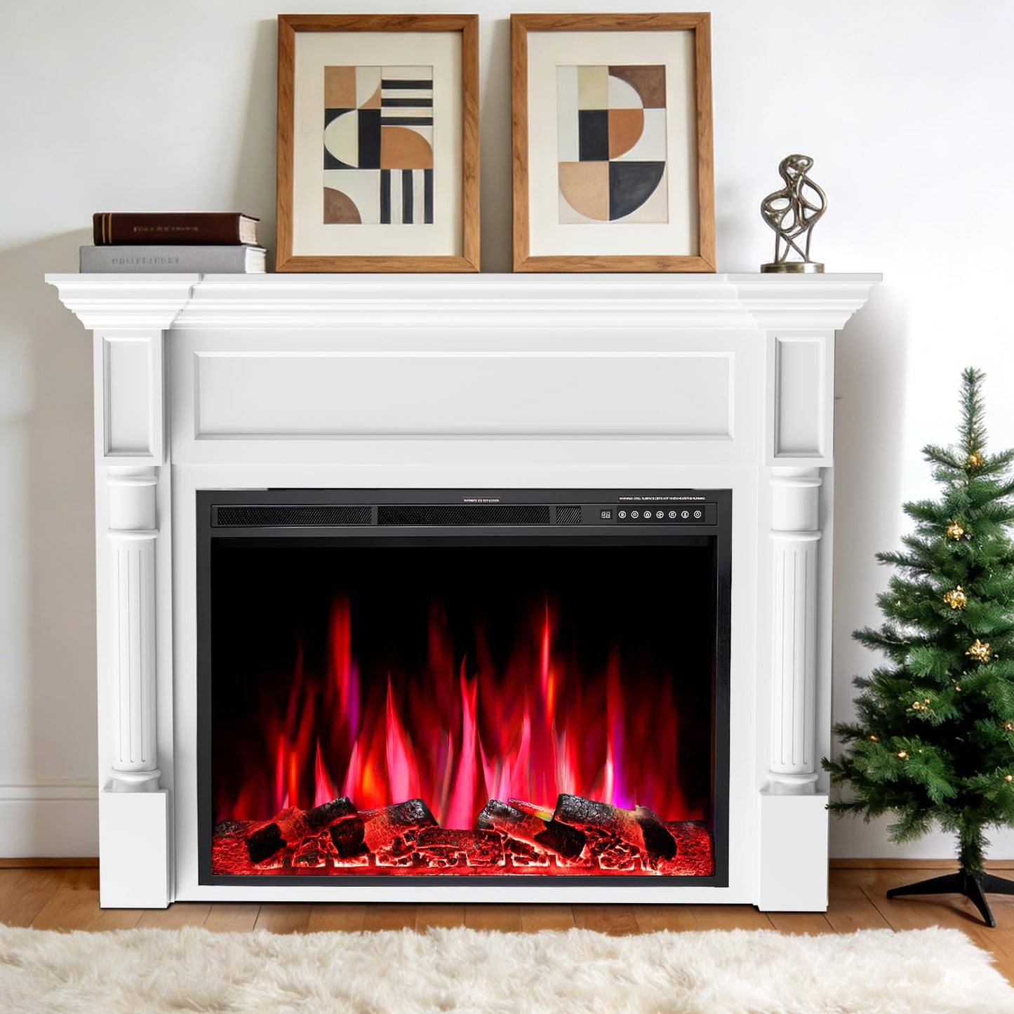 55in Electric Fireplace with Mantel, TV Stand with Freestanding Electric Fireplace, Remote Control, 12 Color Adjustable Flame, 1-8H Timer, 750W/1500W White