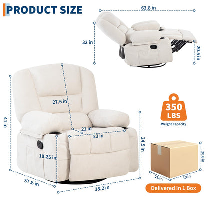 GarveeHome Oversized Wide Recliner Chair-Heat and Vibration Massage, 360° Swivel Rocker Chair for Adults,Chenille Fabric Manual Recliner with Cup Holders & Side Pocket for Living Room, Bedroom,White