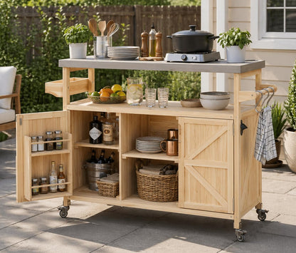50" Outdoor Kitchen Island Grill Cart with 201 Stainless Steel Top, Solid Fir Wood, Modular Design, Internal Storage & Adjustable Shelves, 4 Lockable Wheels, 400LBS Capacity for Patio BBQ, Natural