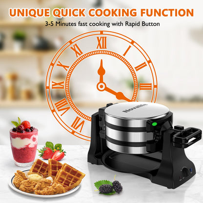 Waffle Maker, 1400W Belgian Waffle Maker, Double Waffle Iron 180° Flip, Rotating Nonstick Plates, Adjustable Browning Control, Locking Buckle & Cool Touch Handle, Removable Drip Tray, Stainless Steel