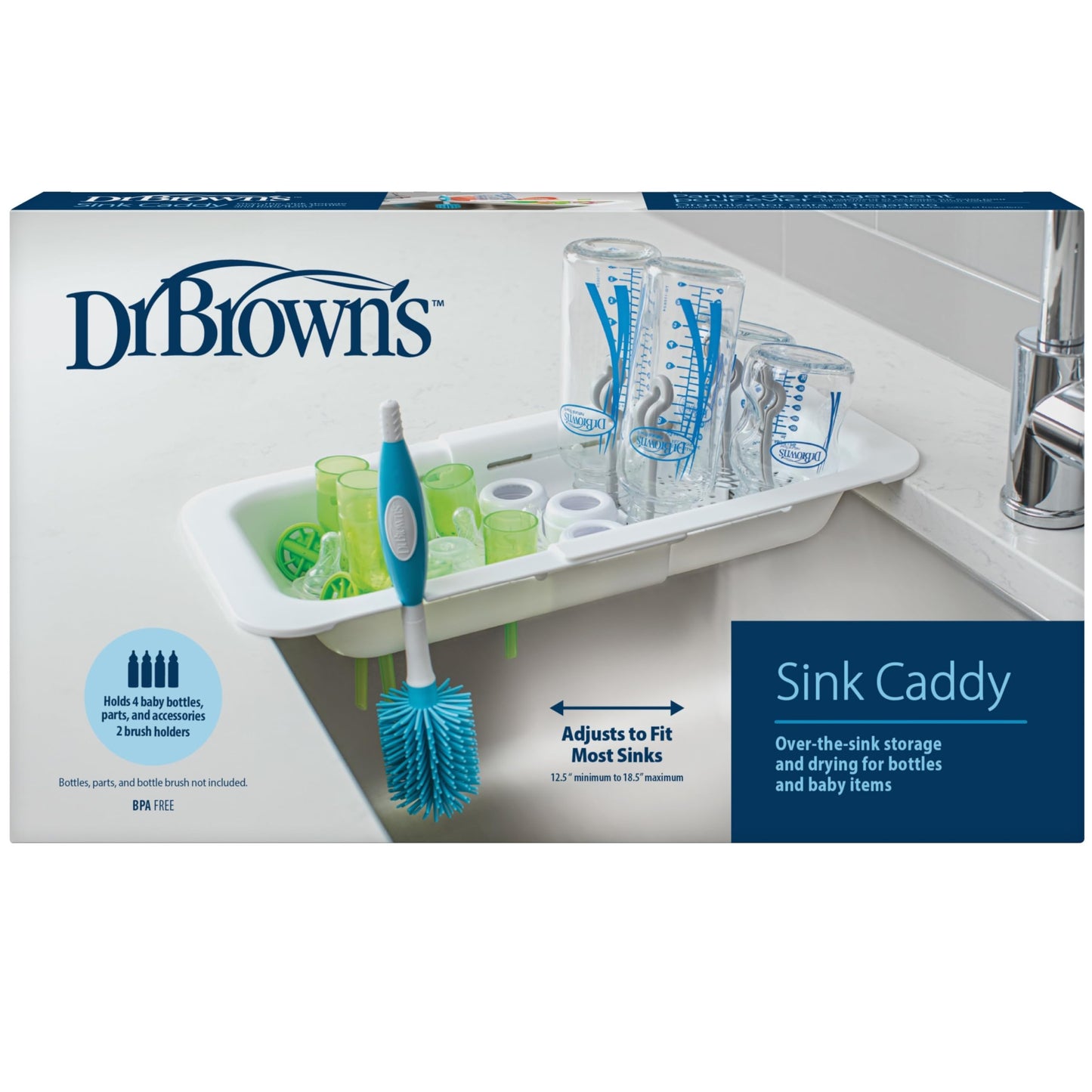 Dr. Brown's Sink Caddy for Baby Bottles and Parts with Two Brush Holders, Over The Sink Kitchen Storage, Drying Rack, and Organizer, BPA-Free