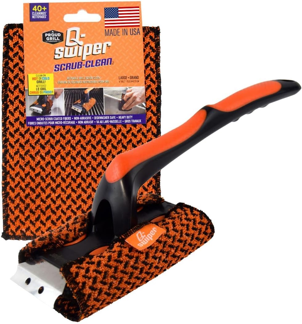 Set Proud Grill Q-Swiper XL Scrub-Clean BBQ Grill Cleaner - Long Bristle-Free Brush with Scraper & Scrub-Clean Reusable