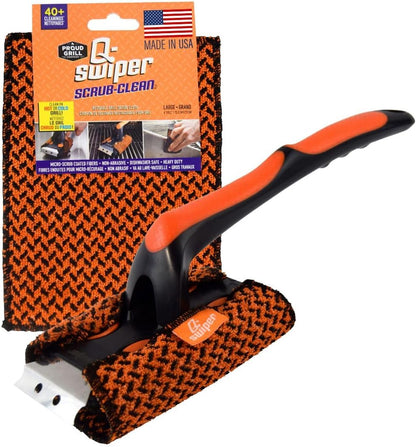 Set Proud Grill Q-Swiper XL Scrub-Clean BBQ Grill Cleaner - Long Bristle-Free Brush with Scraper & Scrub-Clean Reusable
