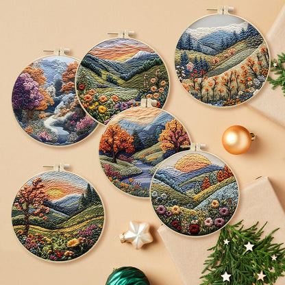 Eforcase Embroidery Starter Kit for Adult Beginner with Landscape Tree Mountain River Floral Nature Scenery Pattern Cross Stitch Hand Embroidery Set DIY Cross Stitch Kits with Hoops Needles Threads