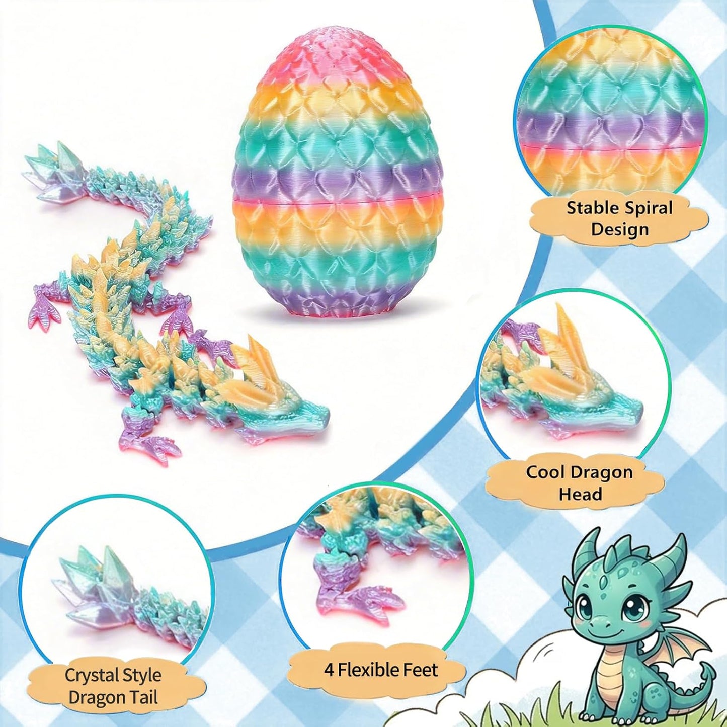 12PCS 3D Set 12 5.12 Inch 2.36 Inch Printed Crystal Dragon & Egg - Unique Colors - Glitter Dragons with Surprise Eggs