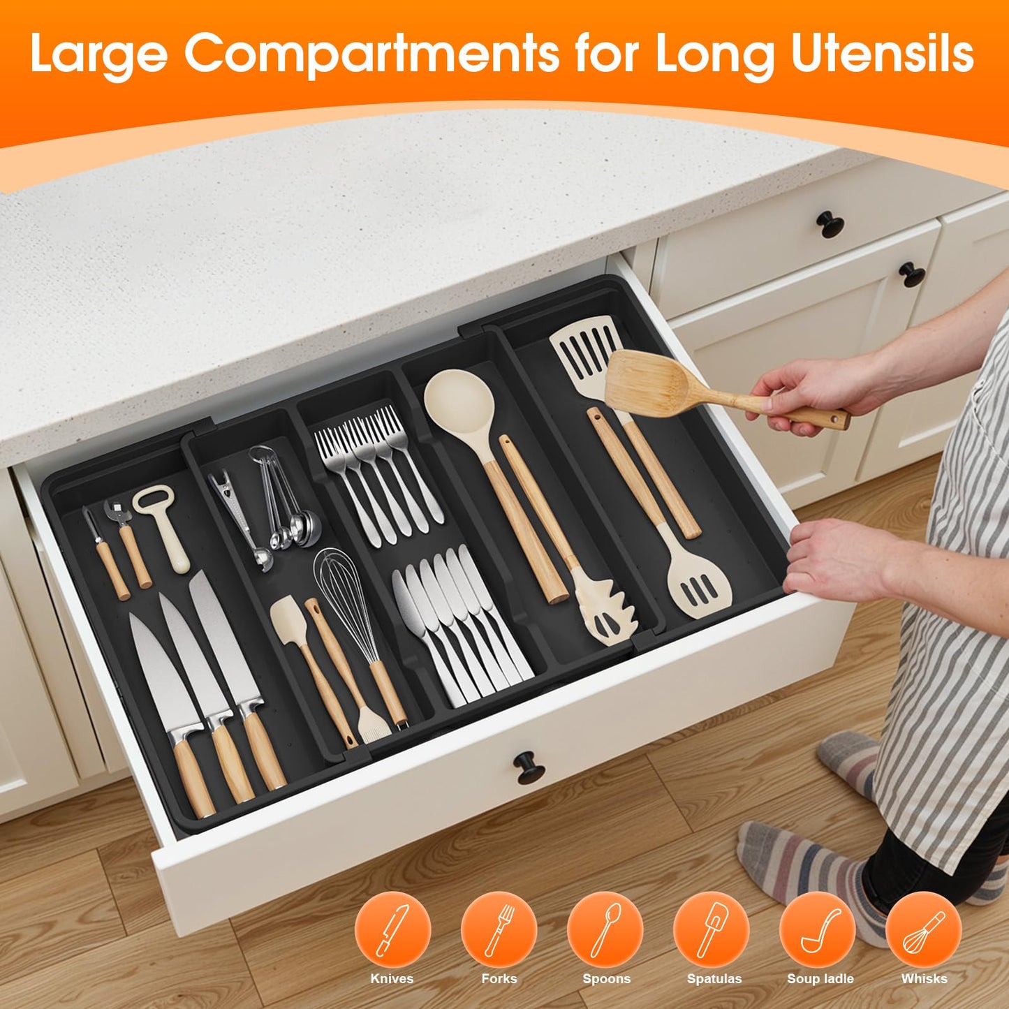 StackHelper Large Silverware Organizer, Expandable Utensil Drawer Organizer for Kitchen Drawers, Kitchen Drawer Organizer for Spoons/Forks/Knives, Multipurpose & BPA Free Cutlery Tray, Black, 1 Pack