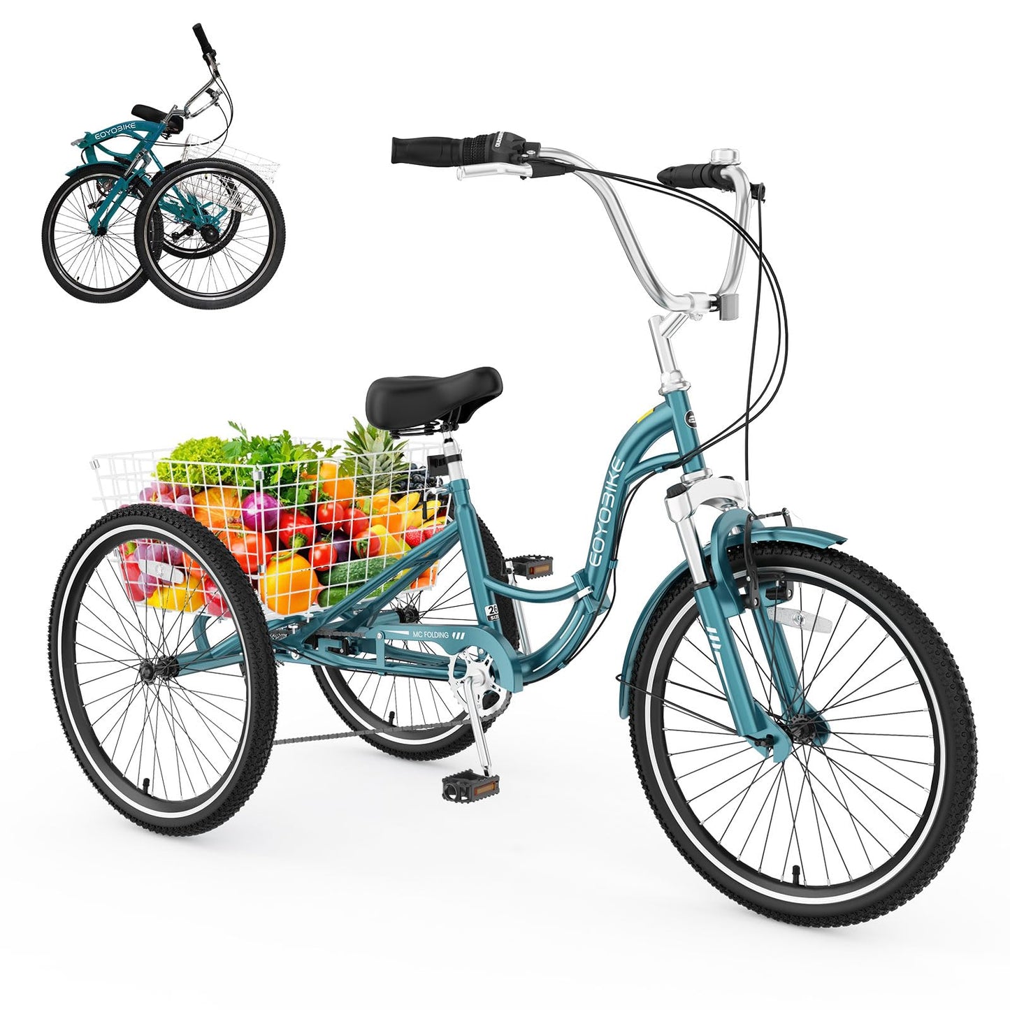 EOYOBIKE Adult Folding Tricycle, 7-Speed 3-Wheel Cruiser Bike with Low Step-Through Frame, Large Rear Basket, Adjustable Seat, 20/24/26 Inch Options
