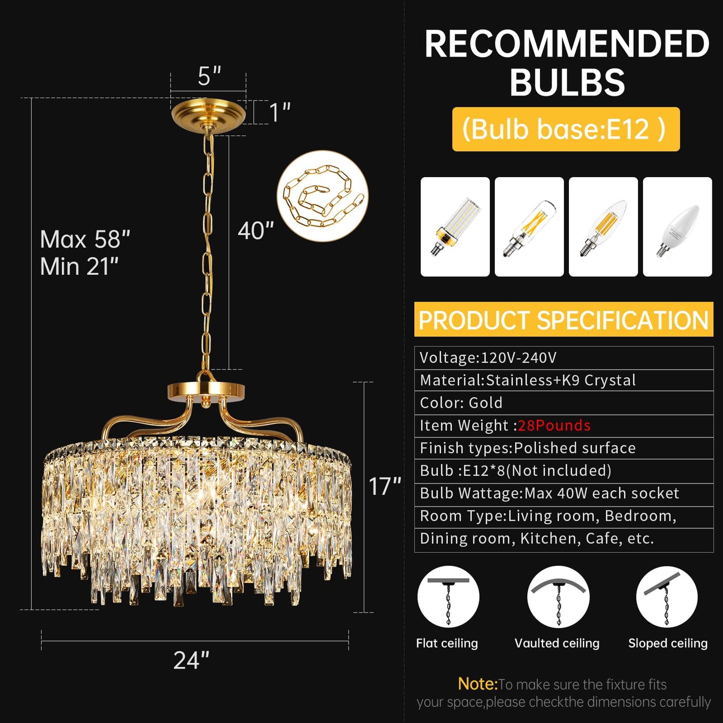 NISIDUN Gold Crystal Chandeliers for Dining Room Light Fixture, 24" Modern Round Chandeliers，8 Lights Luxury Ceiling Pendant Ceiling Lighting for Dining Room Bedroom Entryway Foyer Staircase